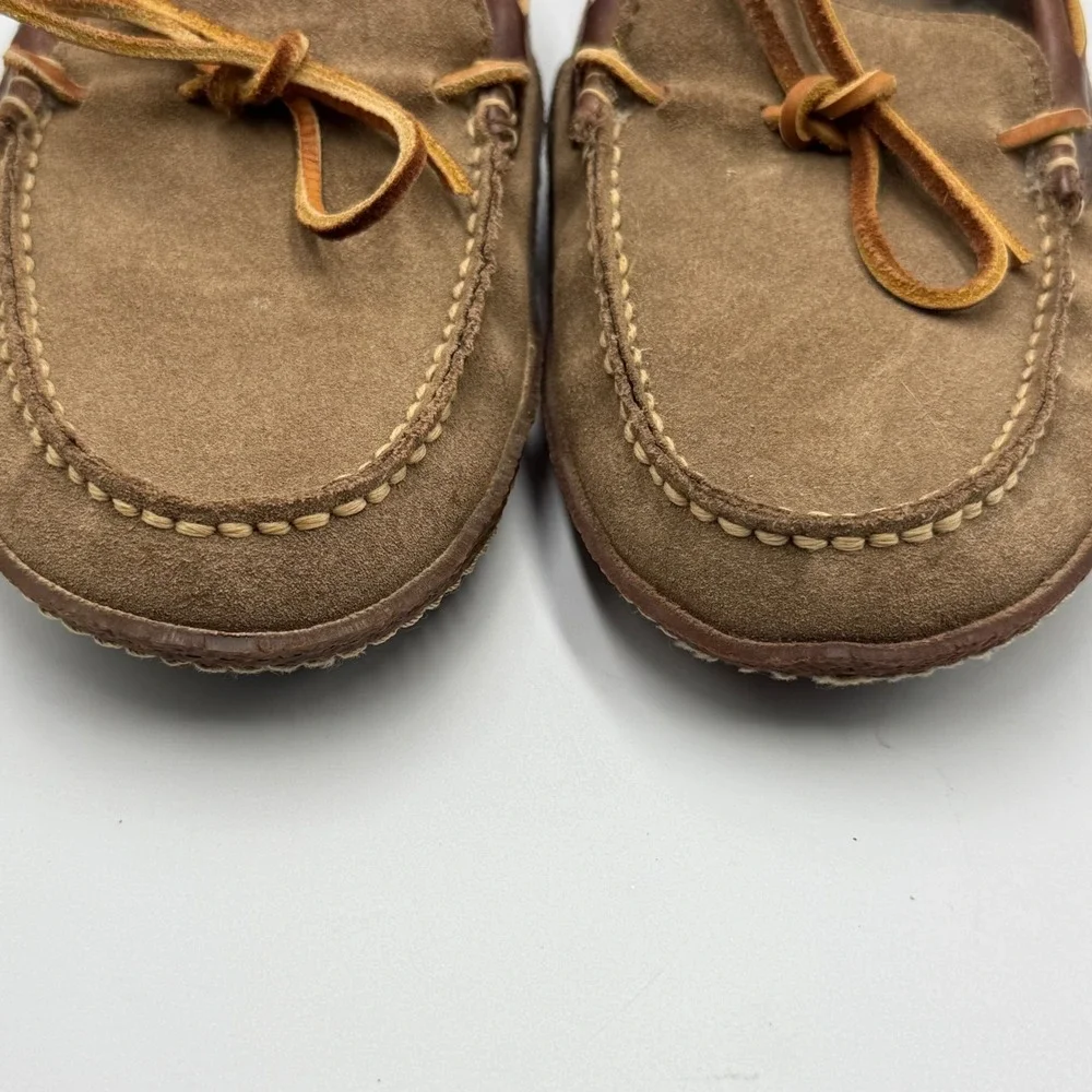 LL Bean Suede Leather Moccasin Handsewn‎ Slippers Flannel Lined Brown Mens 7